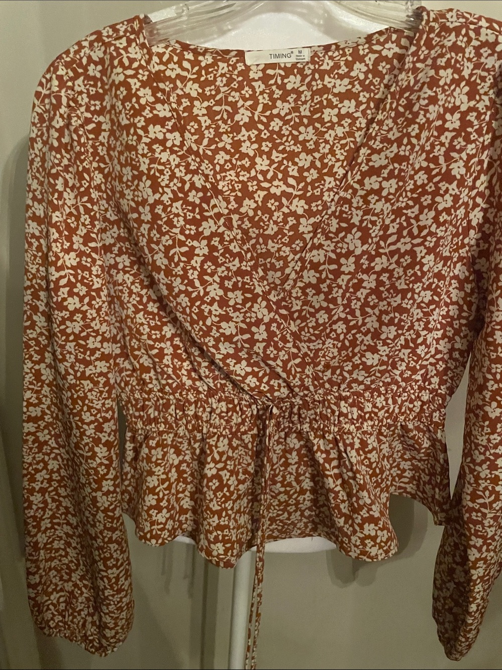TIMING Rust-White Floral Tie-Front Peplum Blouse